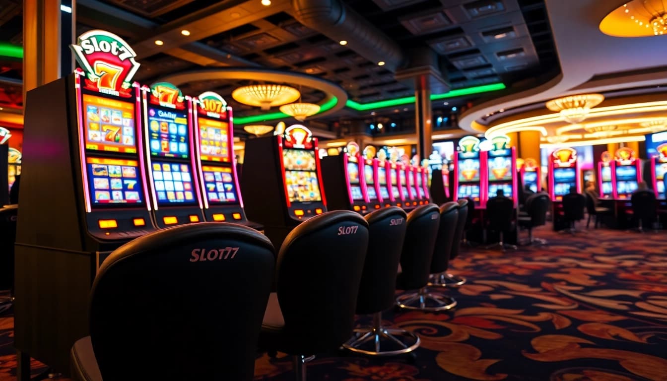 Slot77 menampilkan mesin slot bertenaga dengan cahaya berkilauan di kasino.