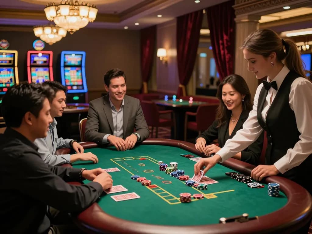 Experience thrilling blackjack gameplay at kp88 com with friends in an elegant casino setting.