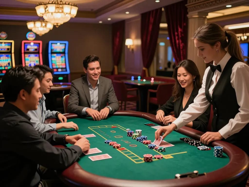 Experience thrilling blackjack gameplay at kp88 com with friends in an elegant casino setting.