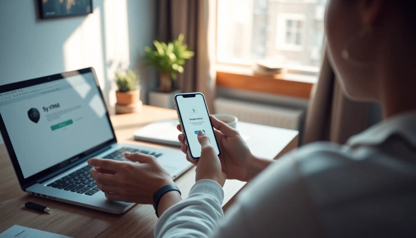 快连下载 app interface displayed on a smartphone in a cozy workspace, highlighting easy connectivity.