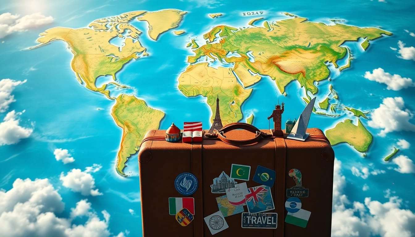 Captivating world map highlighting Round the world destinations with vibrant landmarks and a vintage suitcase.