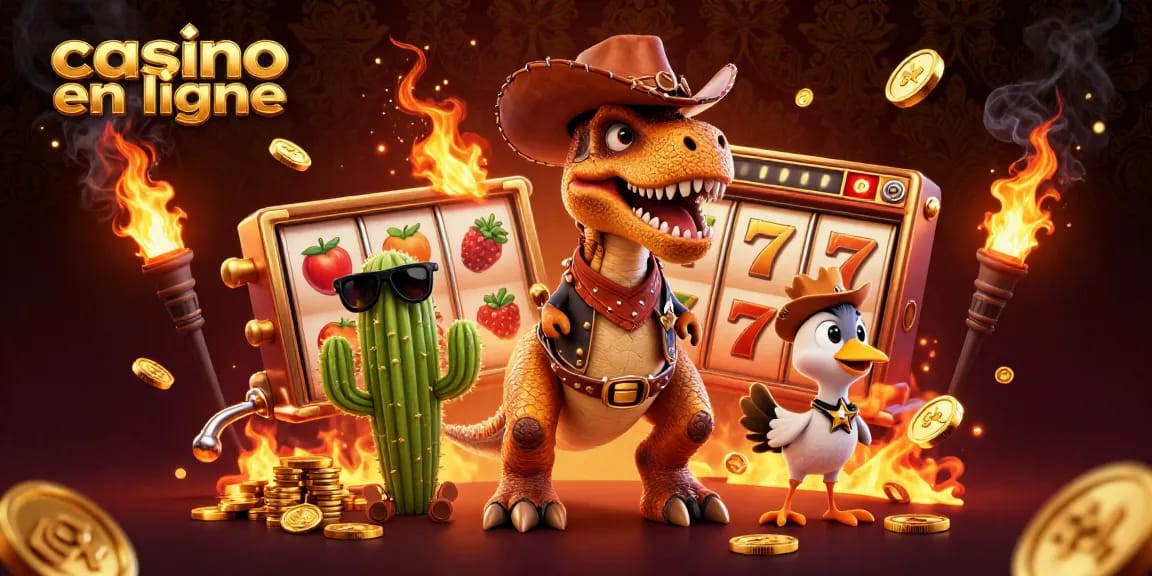 Jouez aux machines à sous sur casino en ligne avec un T-Rex, un cactus et une horloge jackpot.