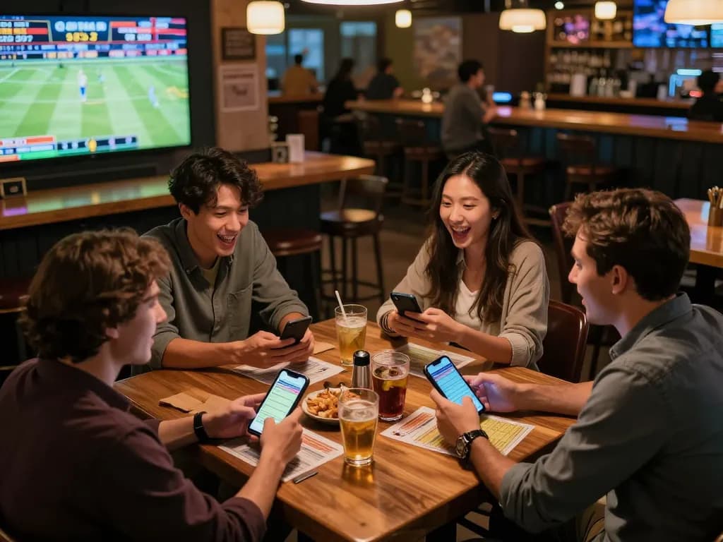 Patrons enjoying sports betting at a lively bar while using https://tr88watch.com/ for live odds.
