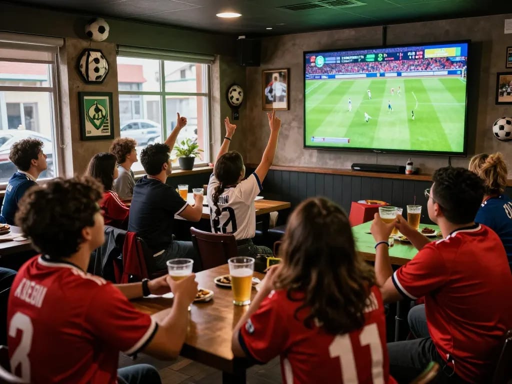 Excited fans at Cakhiatv watching a live football match in a vibrant sports bar.