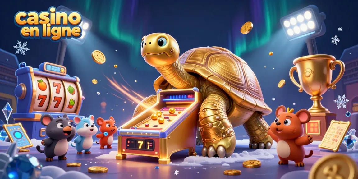Jouer au casino en ligne avec une tortue en or, des jetons et des lumières scintillantes.