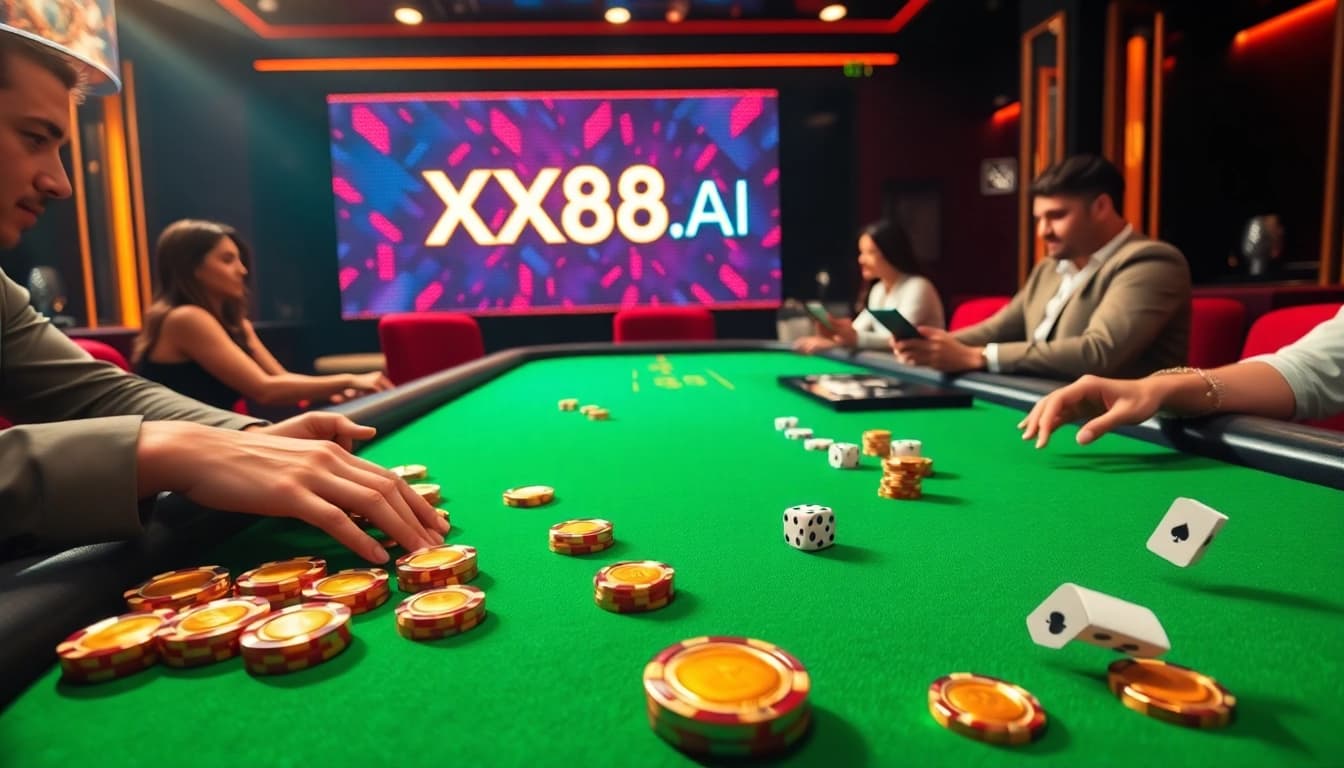 Players enjoying strategic poker games at an online casino atmosphere featuring XX88.AI logo.