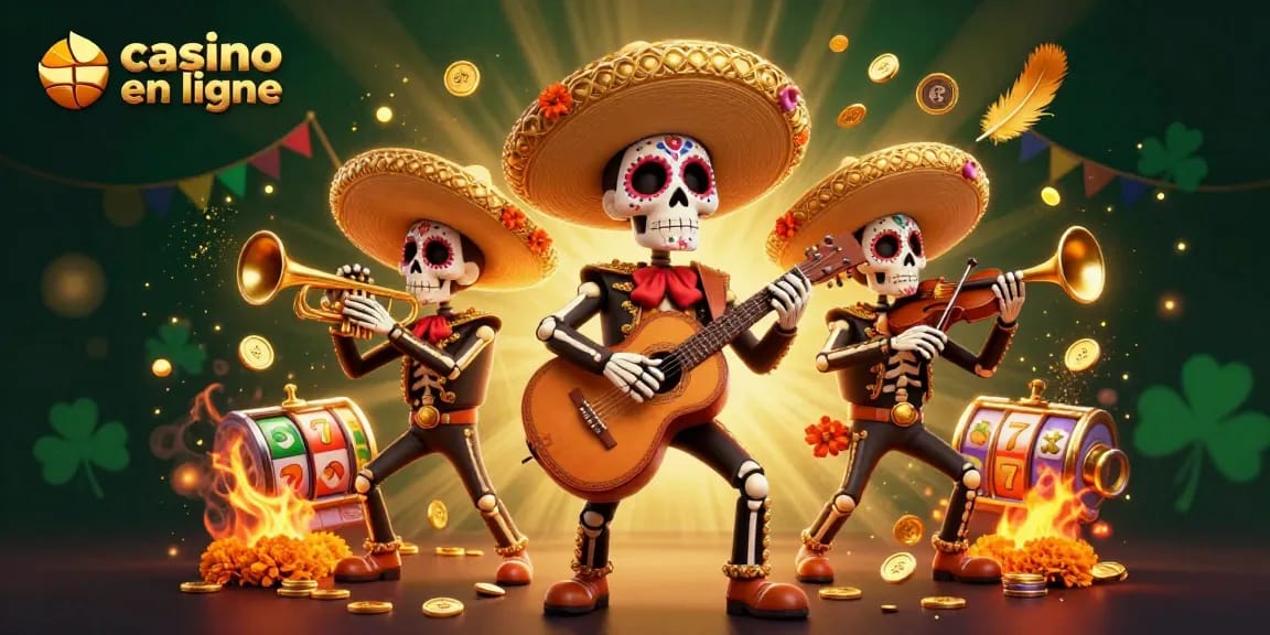 Profitez des jeux captivants sur casino en ligne avec une illustration de banda mariachi squelettique.