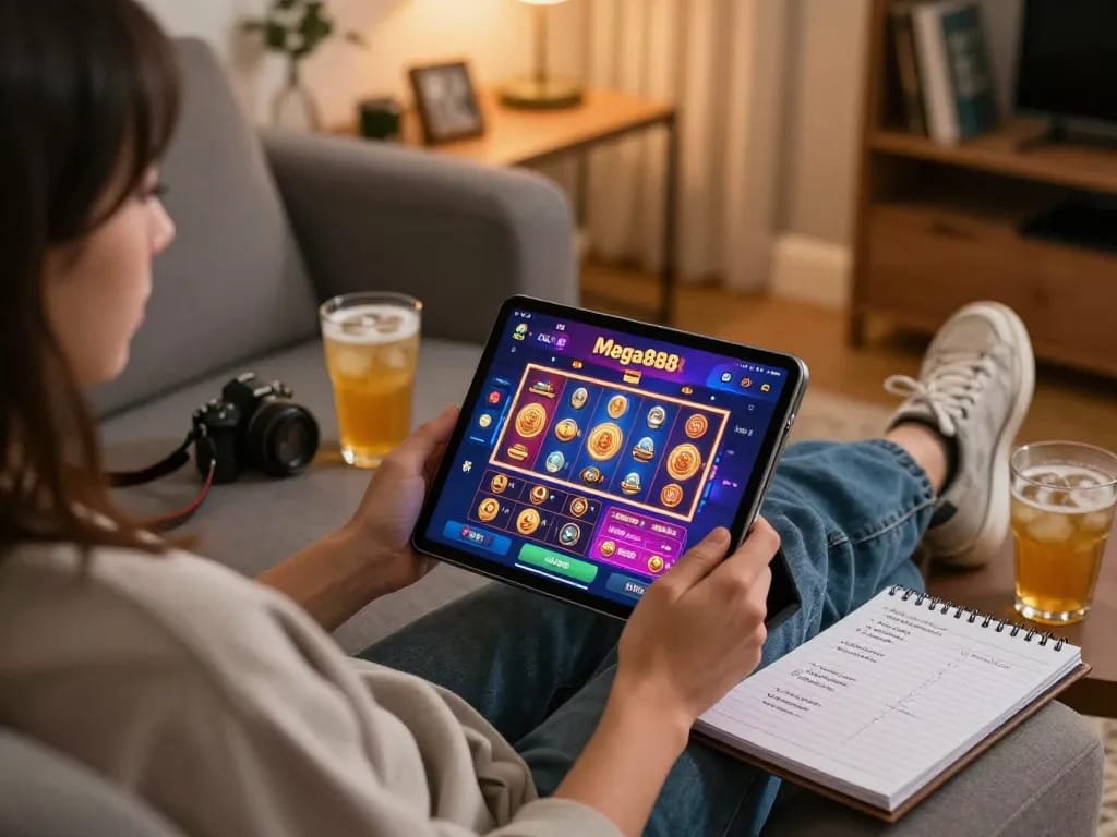 Mega888 APK displayed on tablet showing vibrant casino interface while gamer enjoys responsible online gaming at home.