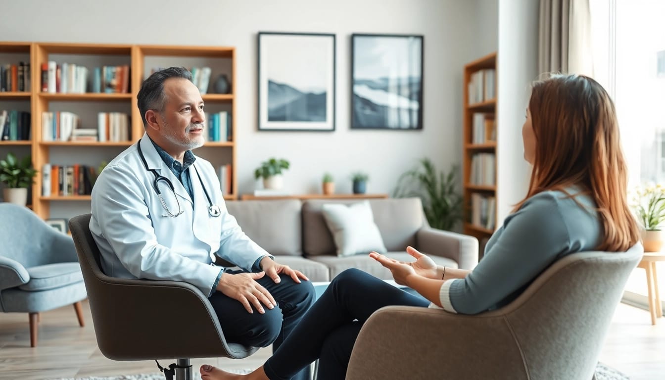 Engaging psychiatrist in India helping a patient in a modern therapy setting.