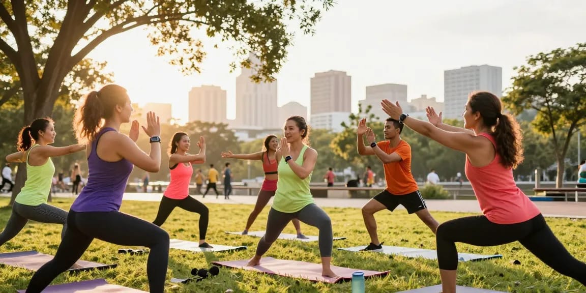 Melihat aktivitas komunitas olahraga dengan Fitbit Luxe di taman, meningkatkan kesehatan dan kebugaran.
