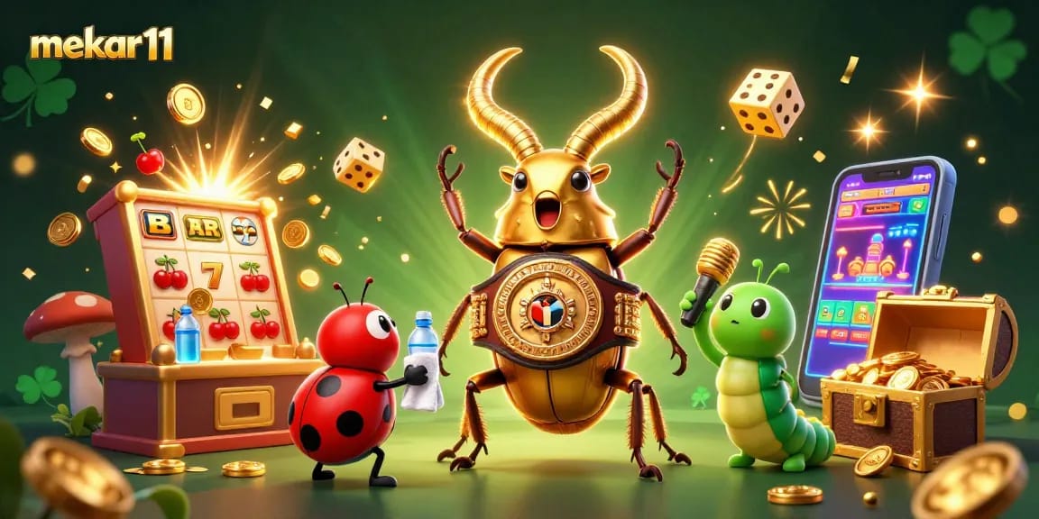 Engage in thrilling jackpot action with mekar11 featuring a charismatic beetle champion and slot machine excitement.