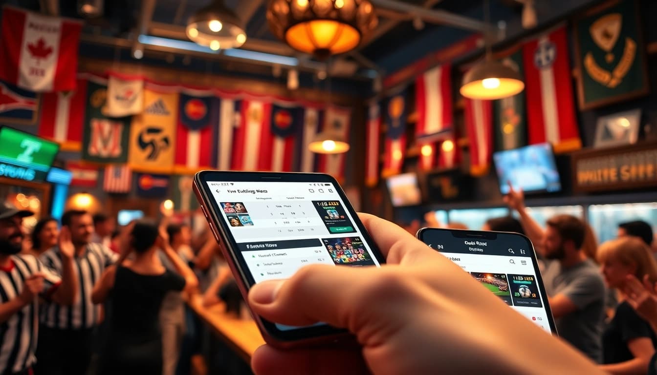 Engaging mobile sports betting app interface showcasing real-time odds and lively atmosphere.