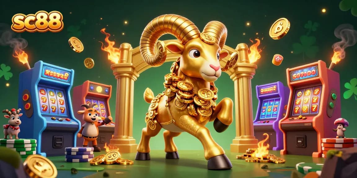 Experience rich rewards at sc88 with a golden ram charging surrounded by exciting casino elements.