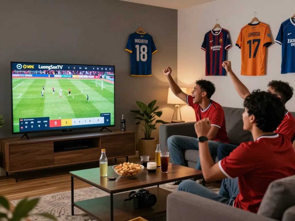 Fans enjoying the game on LuongSonTV in a vibrant living room setting.