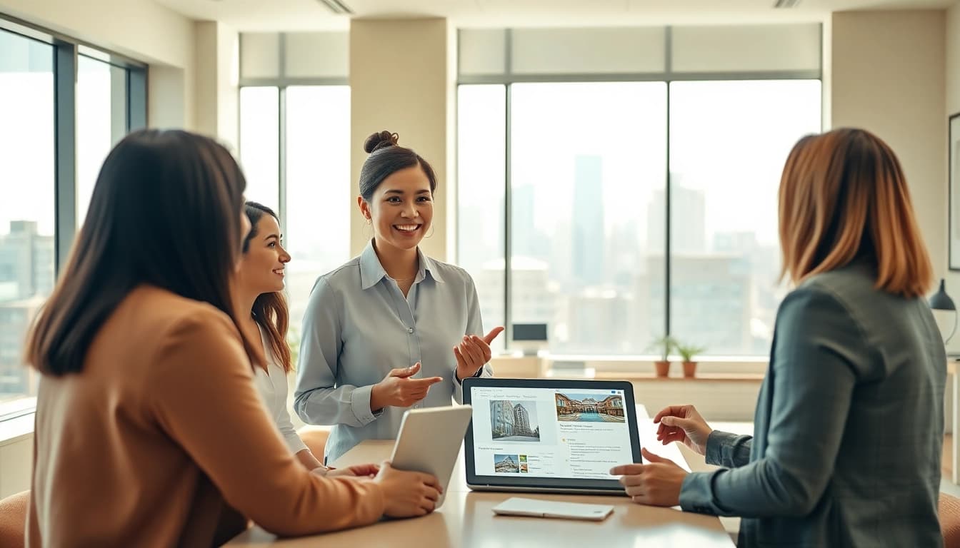 Engaging discussion between clients and a real estate agent in a modern office setting.