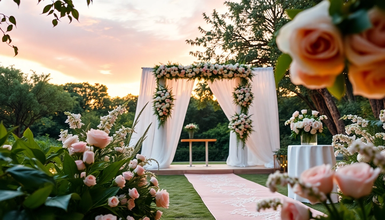 Beautiful wedding venue setup featuring floral arrangements and elegant decorations.