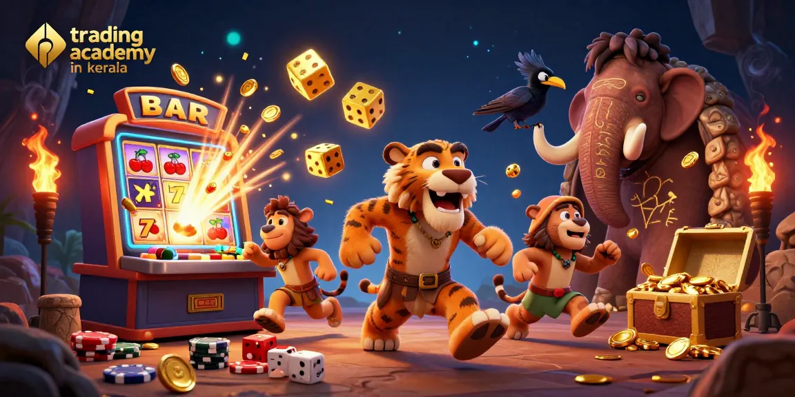 Experience thrilling gaming at the trading academy in kerala with 3D illustrations showcasing vibrant casino action.