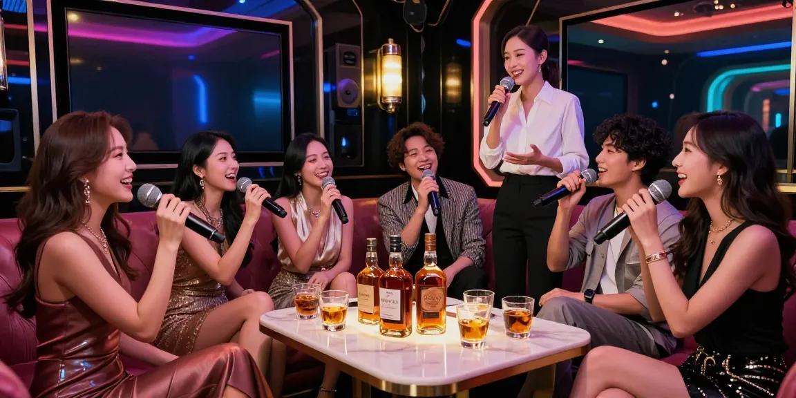 강남가라오케의 고급스러운 룸에서 친구들이 즐겁게 노래하는 모습