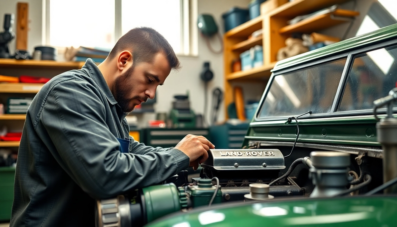 Kinghams expert mechanic repairing a classic Land Rover in a bright garage setting.