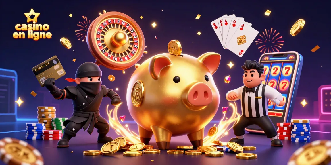Illustration dynamique de casino en ligne avec un sumo, un ninja et un samouraï entourés de pièces d'or.