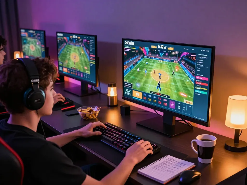Experience live streaming with OKWIN TV on a high-tech gaming setup, showing exciting sports and esports action.