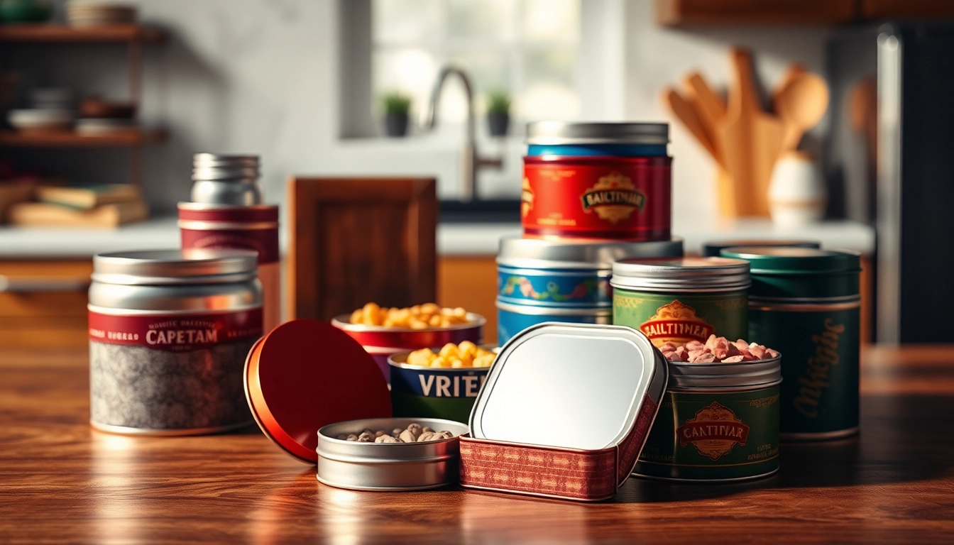 Custom tins displayed beautifully on a tabletop, highlighting vibrant designs and textured finishes.