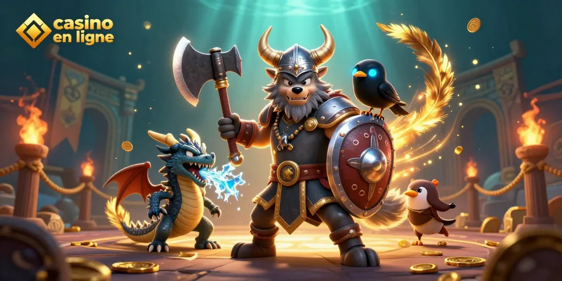 Illustration représentant un guerrier loup viking dans un casino en ligne face à un dragon et une corneille.