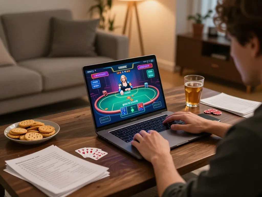 Playing poker online at home with rr88 on laptop, showcasing colorful game interface and cozy ambiance