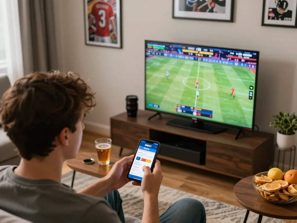 Engaging in live sports betting on 8xbet app while watching a game at home, cozy atmosphere.