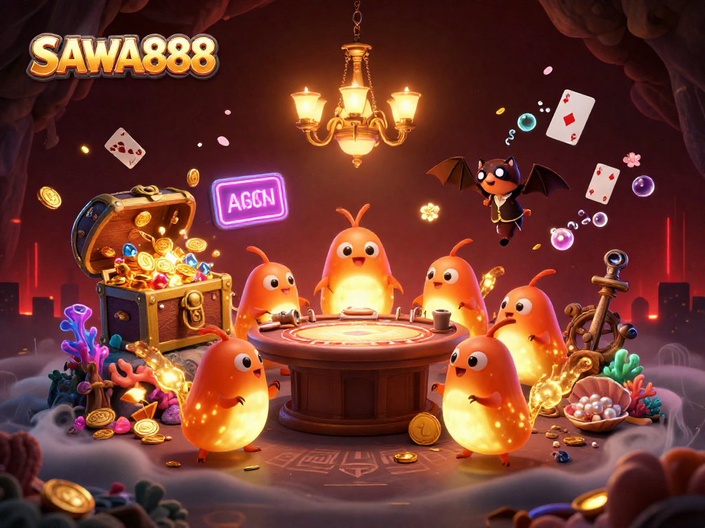 Experience gambling excitement with SAWA888 as glowworms illuminate a vibrant cave casino scene.