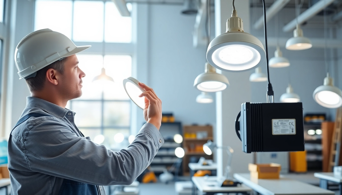Executing lighting service maintenance with an electrician in a bright workshop.