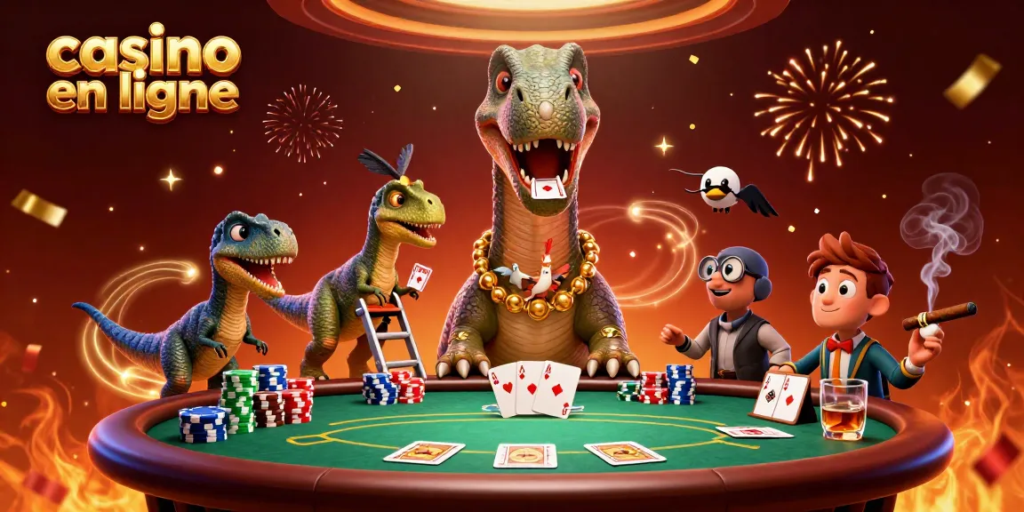 Illustration colorée d'un casino en ligne avec un brontosaurus et des jeux de poker en action.