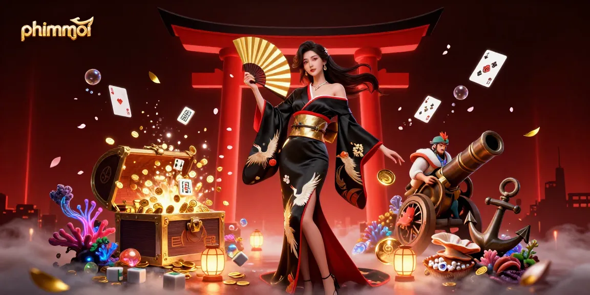 Play exciting casino games with phimmoi featuring a stunning illustration of an Asian woman in a kimono amidst glimmering treasures.