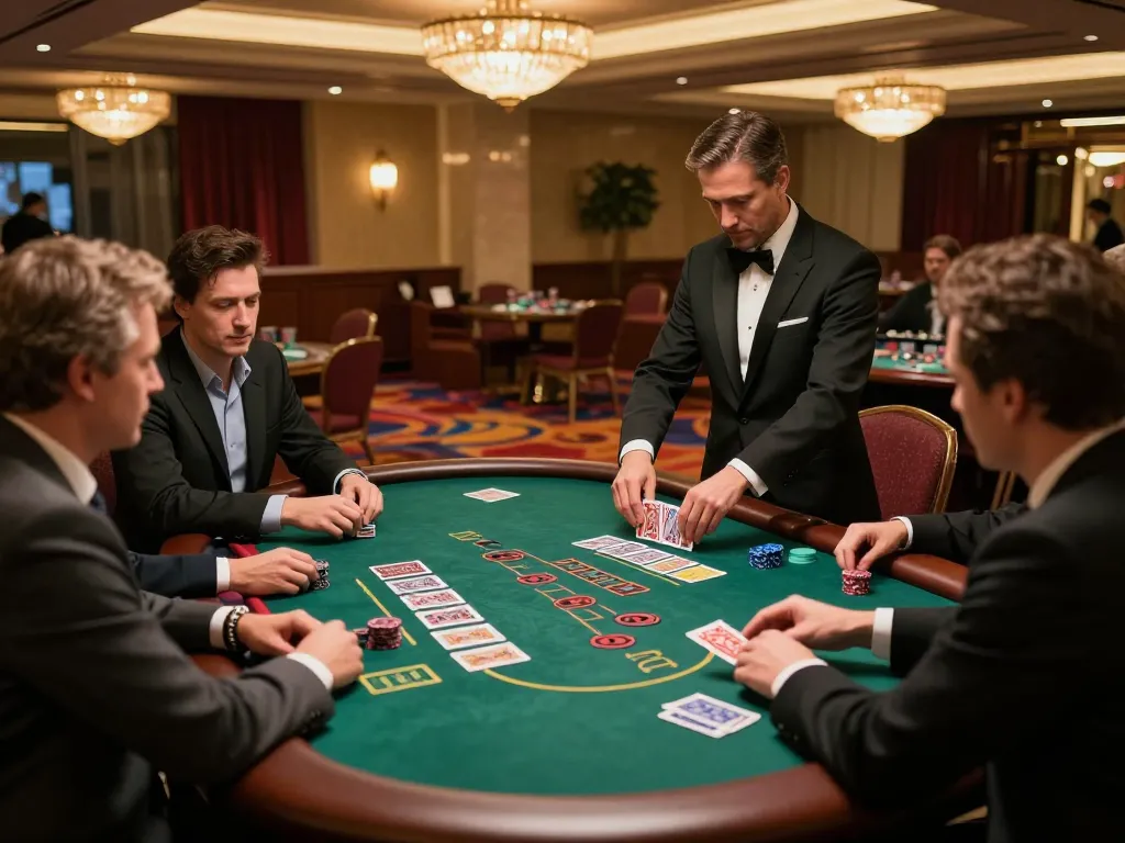 Players at the blackjack table placing bets in a sleek casino, emphasizing strategic gameplay at 5679.