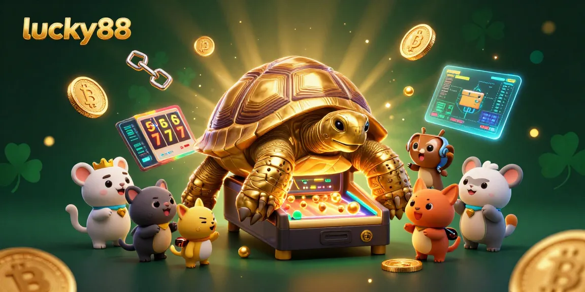 Experience the excitement of lucky88 with a 3D illustration of a giant tortoise pinball machine amid vibrant gambling symbols.