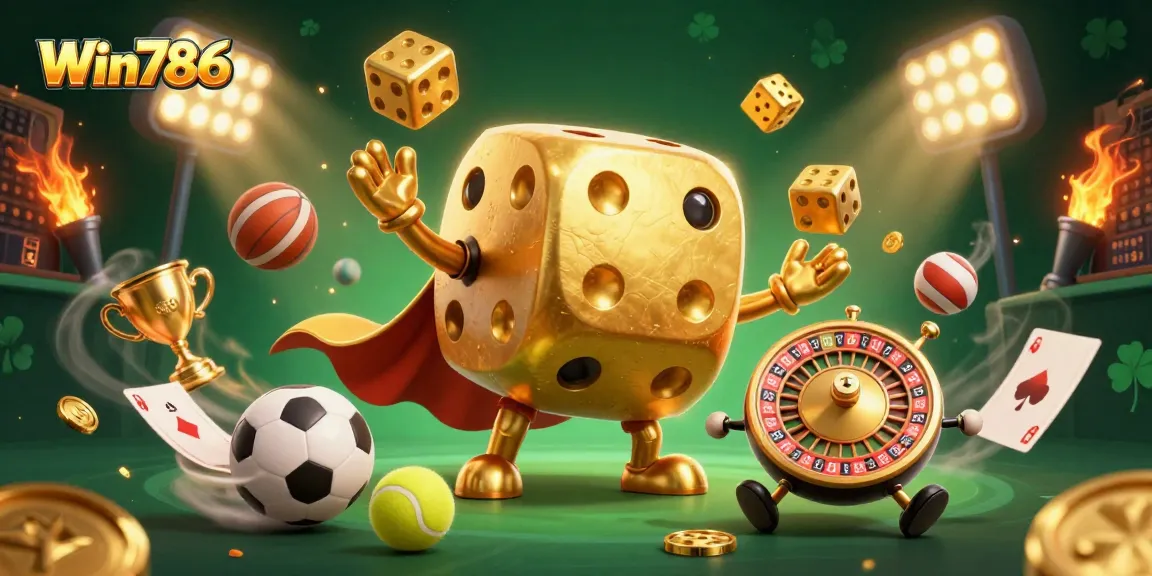 Win786 features golden dice golem juggling smaller dice in an exciting casino scene.
