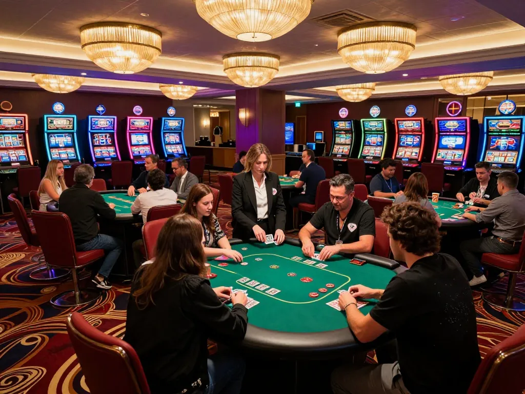 Players at 3Win poker tables strategizing their moves in a vibrant casino environment.