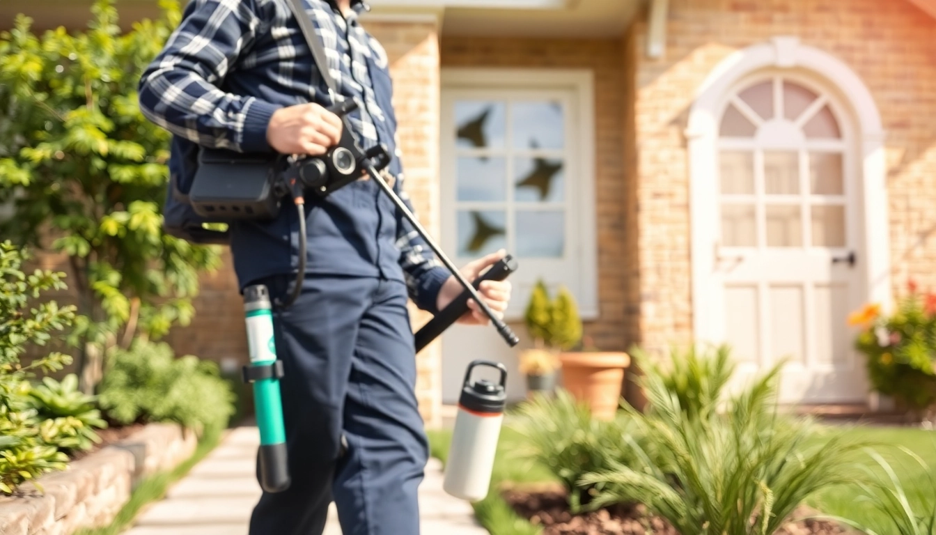 Pest control company near me technician inspecting home for pests.
