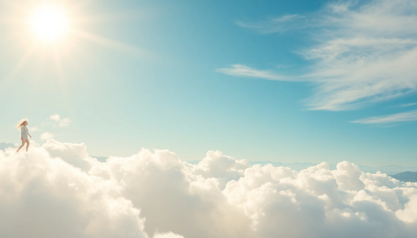 Walking on Clouds, an individual gleefully strides across soft clouds under a radiant sun.
