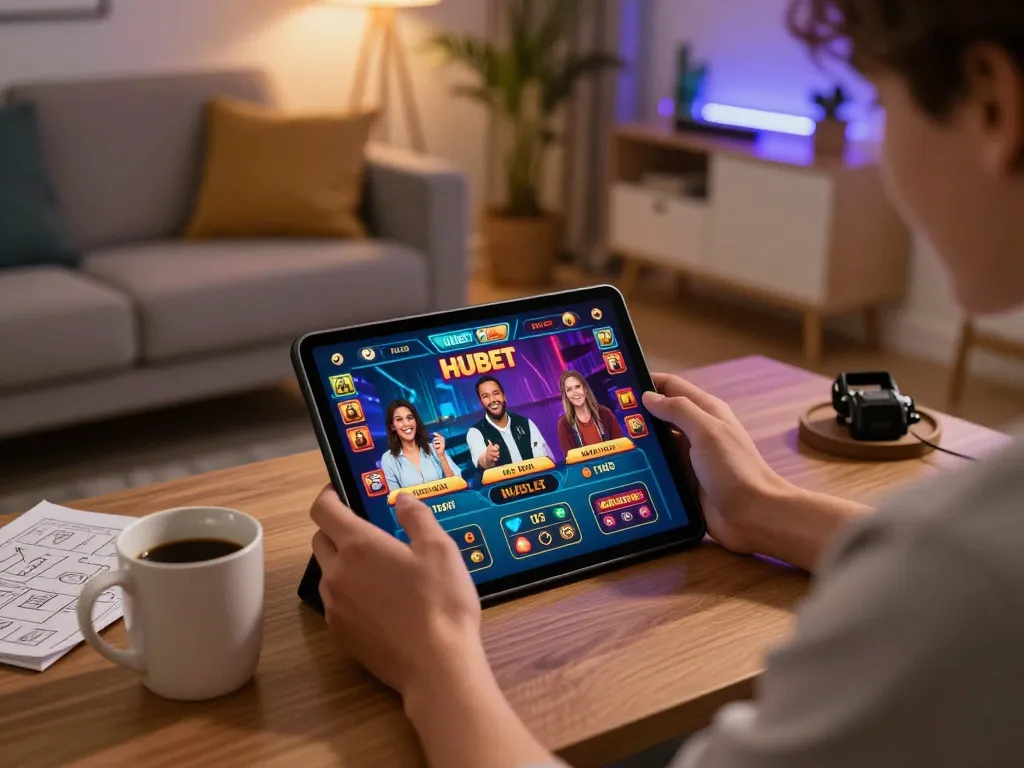 Playing HUBET live dealer games on a tablet in a cozy home environment.