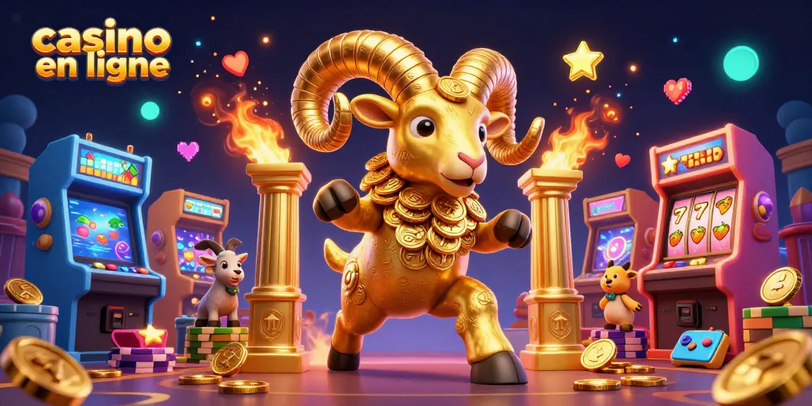 Un ram doré charge en jouant au casino en ligne entouré de machines de jeux colorées.
