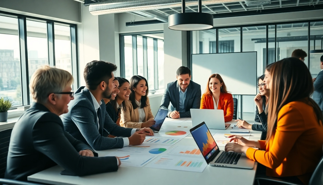 Enhance lead generation strategies with a collaborative business team brainstorming in a modern office.