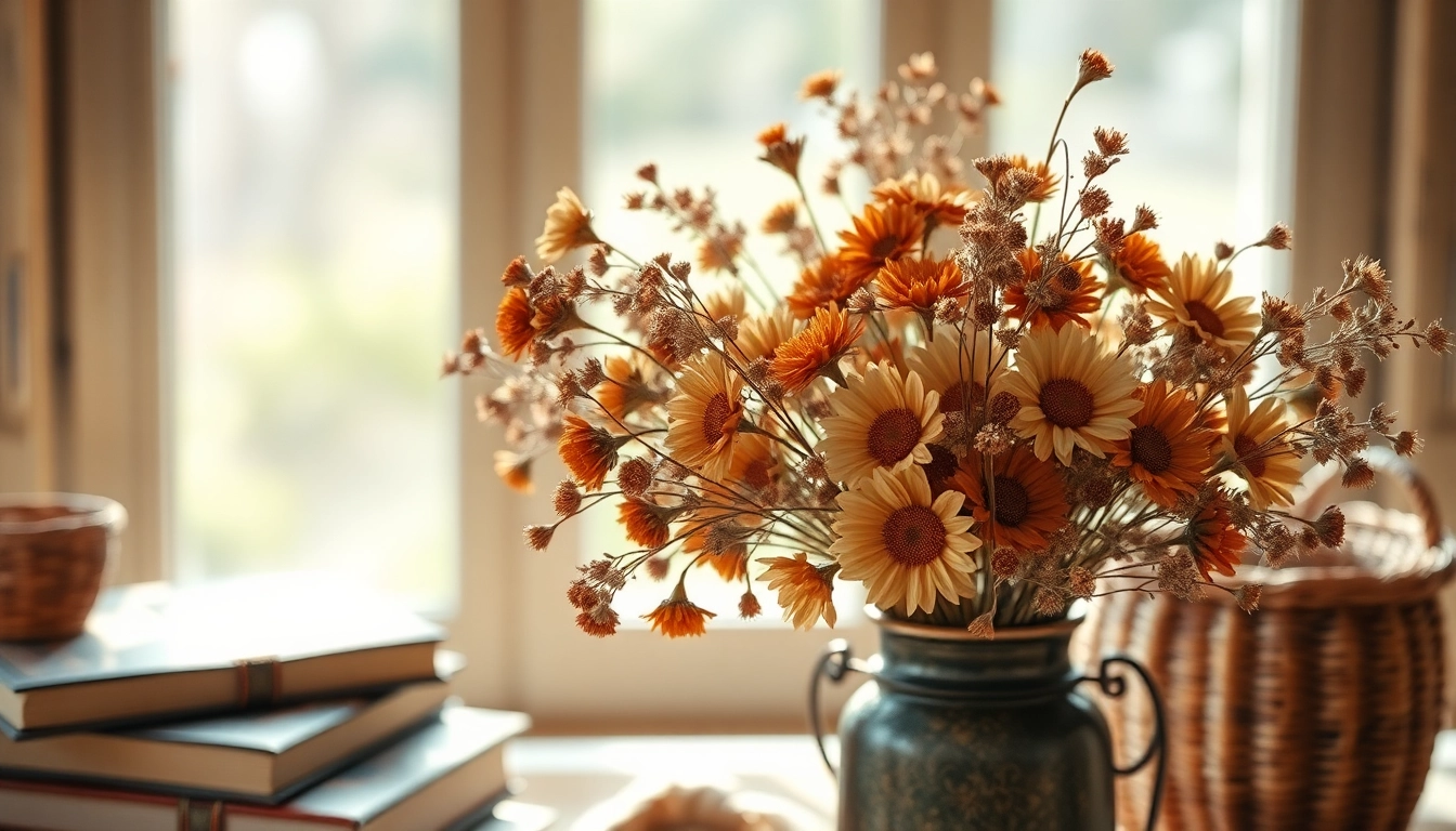 Beautiful dried flowers arrangement in a rustic vase, showcasing natural textures and warm colors.
