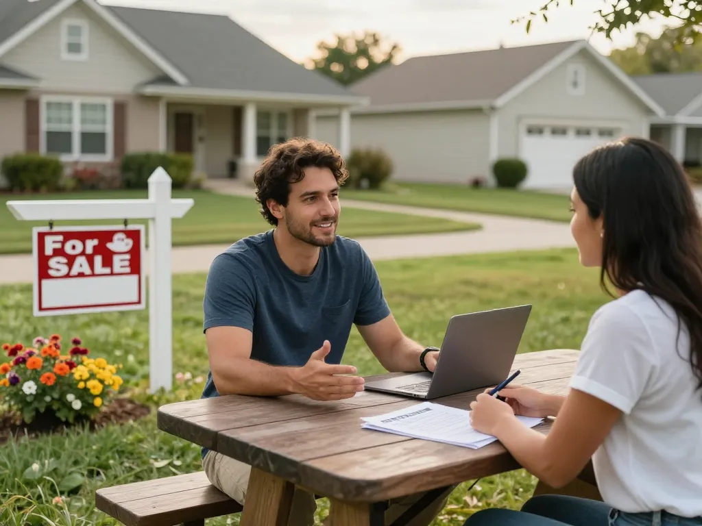 Engaging cash home buyers meeting with a homeowner outdoors in a welcoming neighborhood setting.