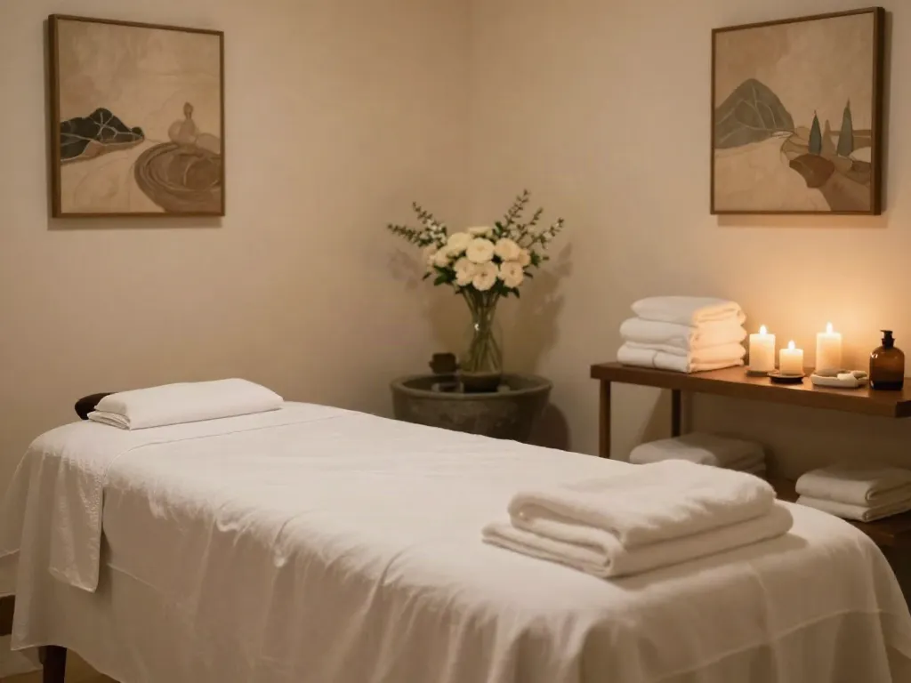 하남출장마사지 tranquil spa room with a massage table, candles, and soft lighting