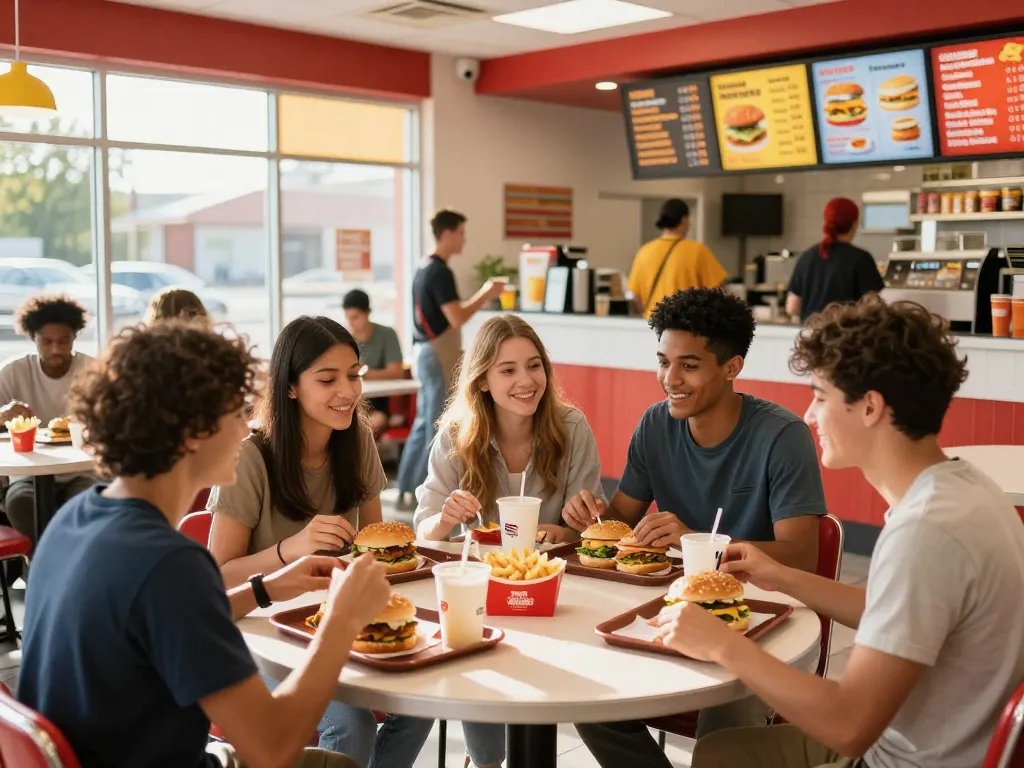Friends enjoying fast food meals at a bright restaurant, highlighting fast food prices on colorful menu boards.