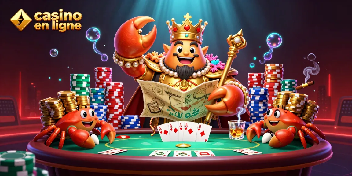 Illustration dynamique de crabes au casino en ligne avec des jetons et des cartes.