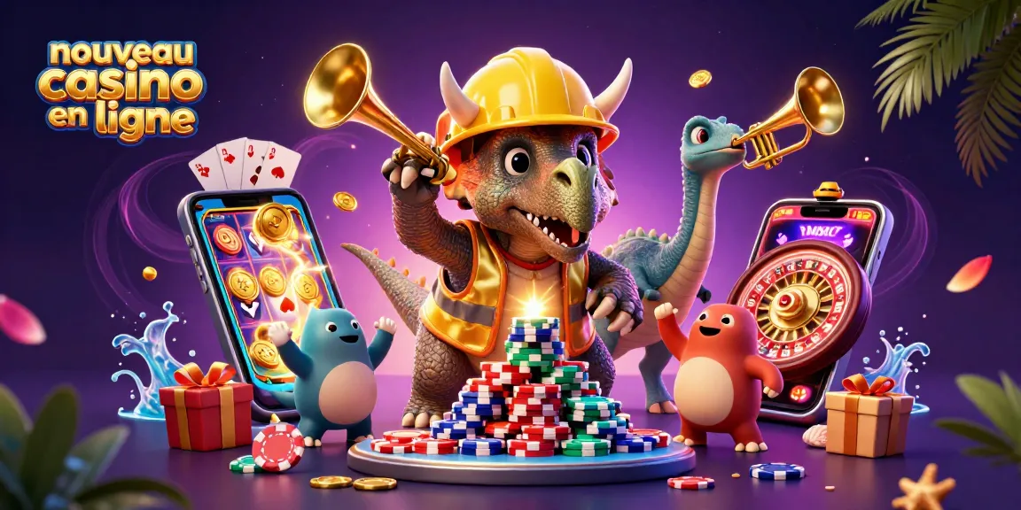 Animation de casino en ligne nouveau : triceratops et parasaurolophus célèbrent des gains avec des jetons de poker.