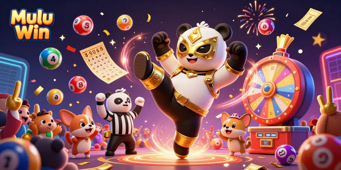 Engage with Mulu Win's thrilling games, featuring a vibrant scene of a wrestling panda, excited spectators, and dynamic lottery elements.