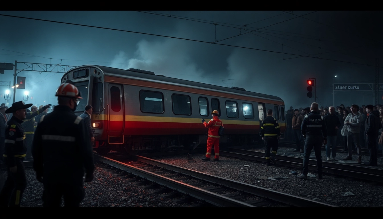 Spain train crash scene showing emergency responders at work amidst chaos and smoke.